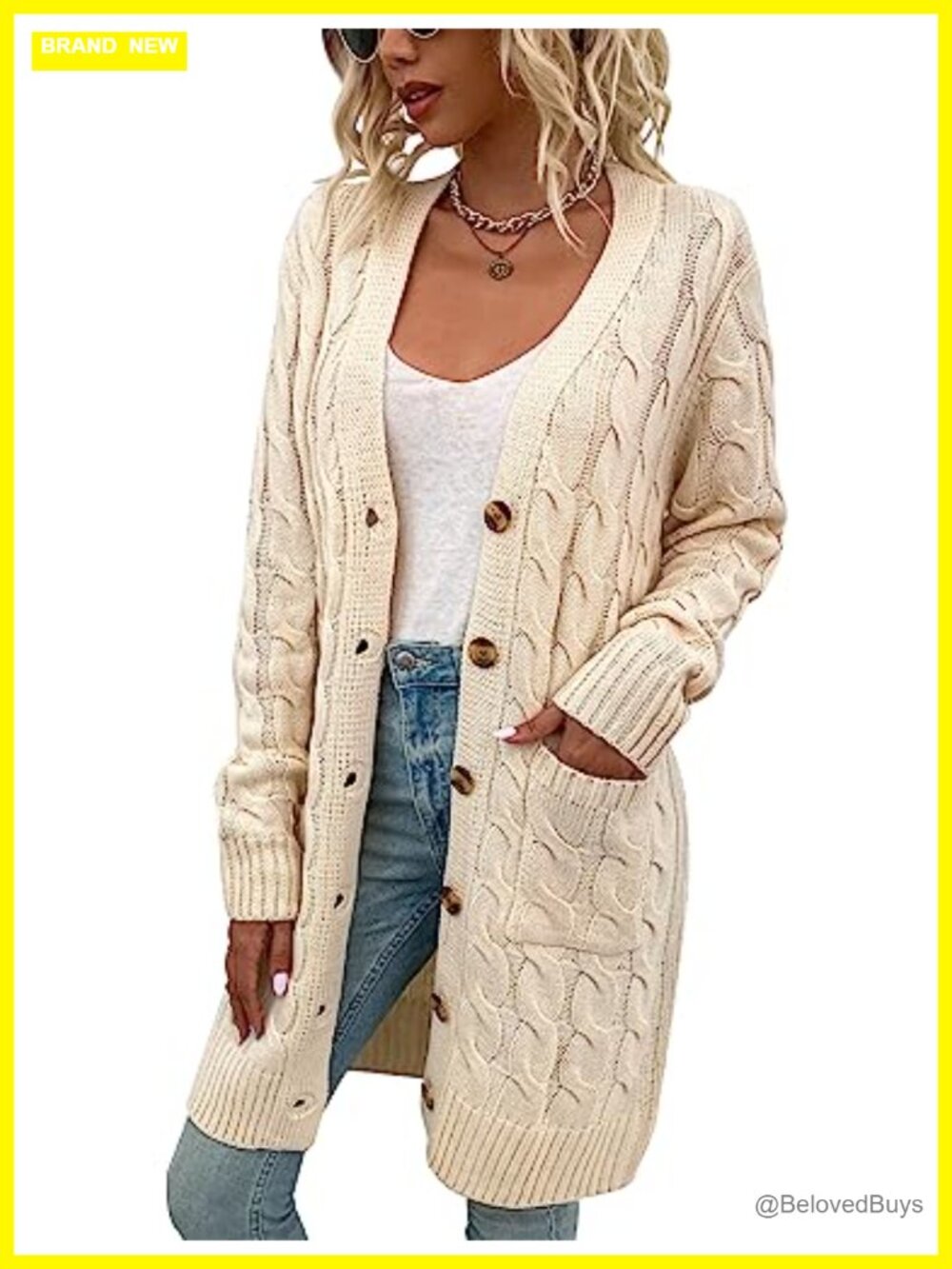 Women's Cable Knit Cardigan Long Sleeve Open Front Loose Sweater with Pockets